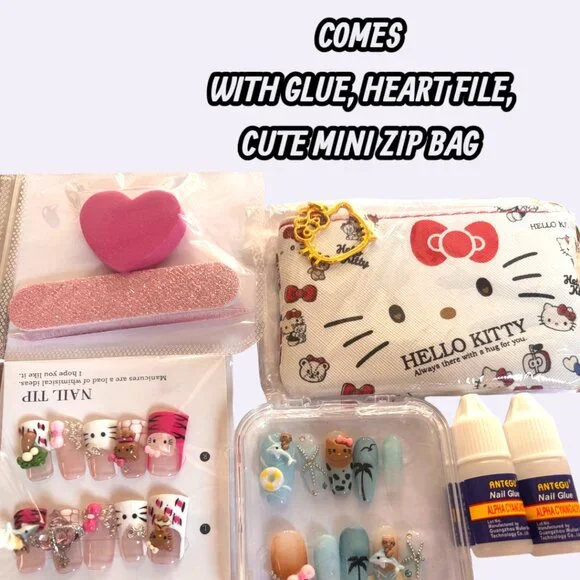 Y2K HANDMADE NAILS BUNDLE OF 2 SET OF HELLO KITTY BEACH CHARM NAILS XS/S NEW! - Picture 3 of 4